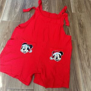 Red Romper with Mickey and Minnie Christmas Pocket Appliqués